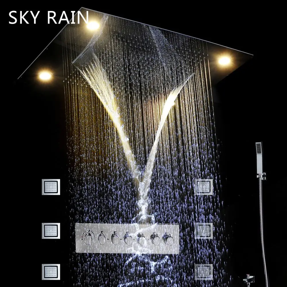 32x24inch 80x60cm RGB LED Shower Head Spa Massage Mix Mode Rain Waterfall Mist Wall Jets Thermostatic Mixer Faucet Tap Set