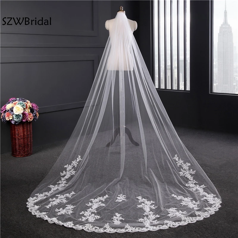 New Arrival Appliqued Lace Bridal veil White Ivory 3 Meter Wedding veil veu de noiva bride sluier vestido de noiva