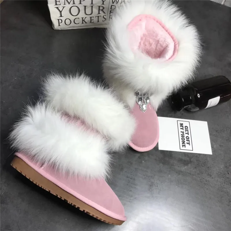 Girl\'s Bling Rhinestone Embellished White Fox Fur Snow Boots Girl\'s Winter Pink Suede Flat Warm Plush Crystal Ankle Boots Shoes