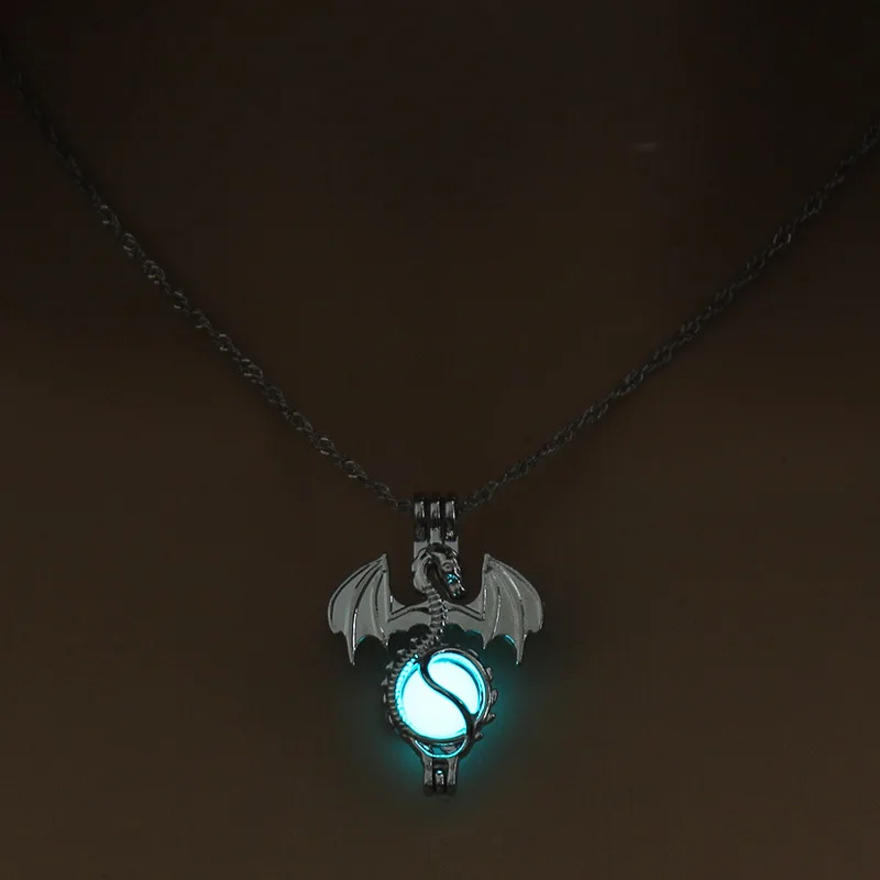 Women Luminous Necklaces Glow In The Dark Flying Dragon Stone Cage Pendant Necklace For Ladies Fashion Jewelry Accessories