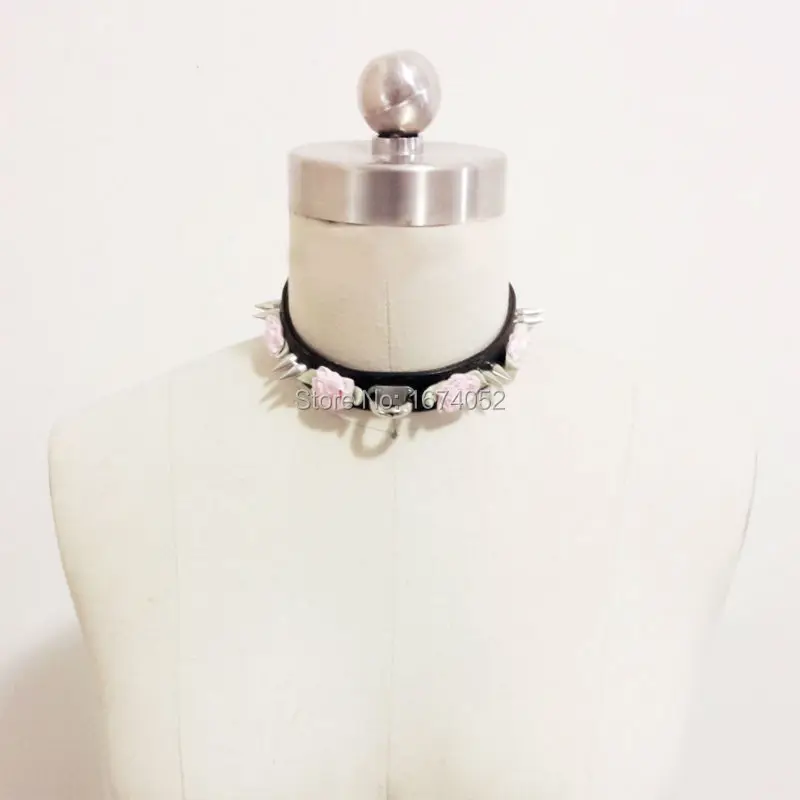 Women Fashion Leather Necklace, Double Studded Punk Goth Emo Kawaii Double Spikes Choker, Pu Leather Flower Collar Necklace