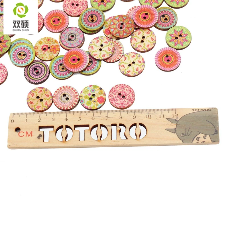 ShuanShuo Round Style Wooden Buttons Hand Printed DIY Jewelry Colorful Mixed Wood Buttons For Hat, Shoes, Clothes 50PCS/Bag