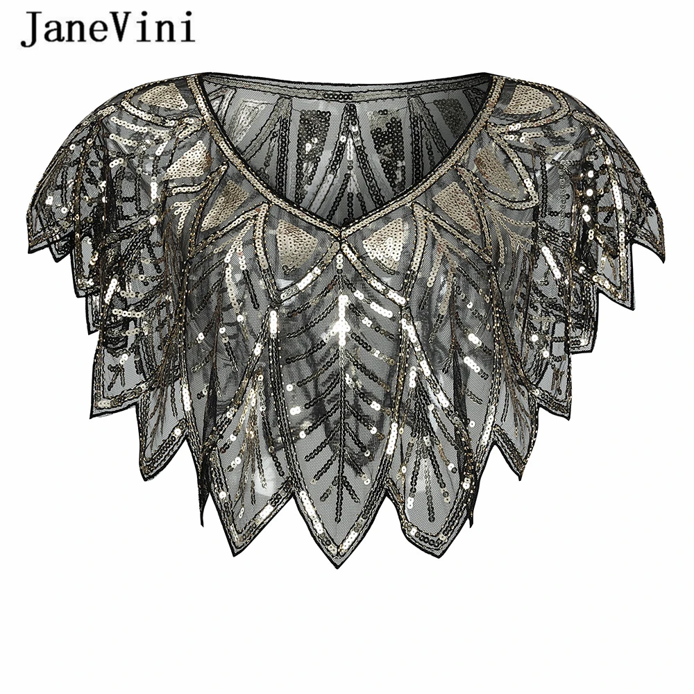 

JaneVini Elegant Black Gold Bolero Sparkle Sequined Bridal Wraps Beaded Wedding Cape Shawls Cloak for Evening Party Accessories