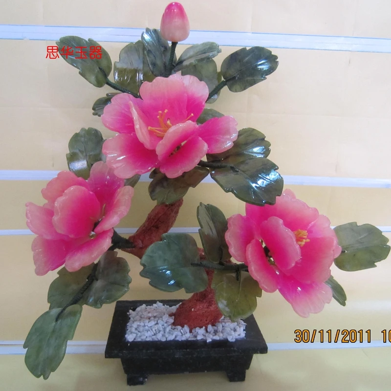 Natural jade bonsai decoration 3 bright pink peony jade ornaments Home Furnishing jewelry gift room