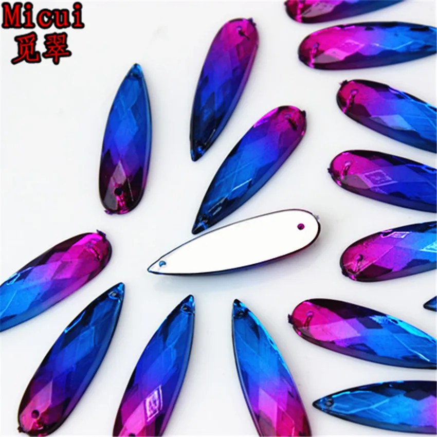 Micui 50pcs 8*28mm Double color Acrylic Rhinestone crystal Drop shape sew on rsilver base flatback Rhinestone with 2 holes ZZ119