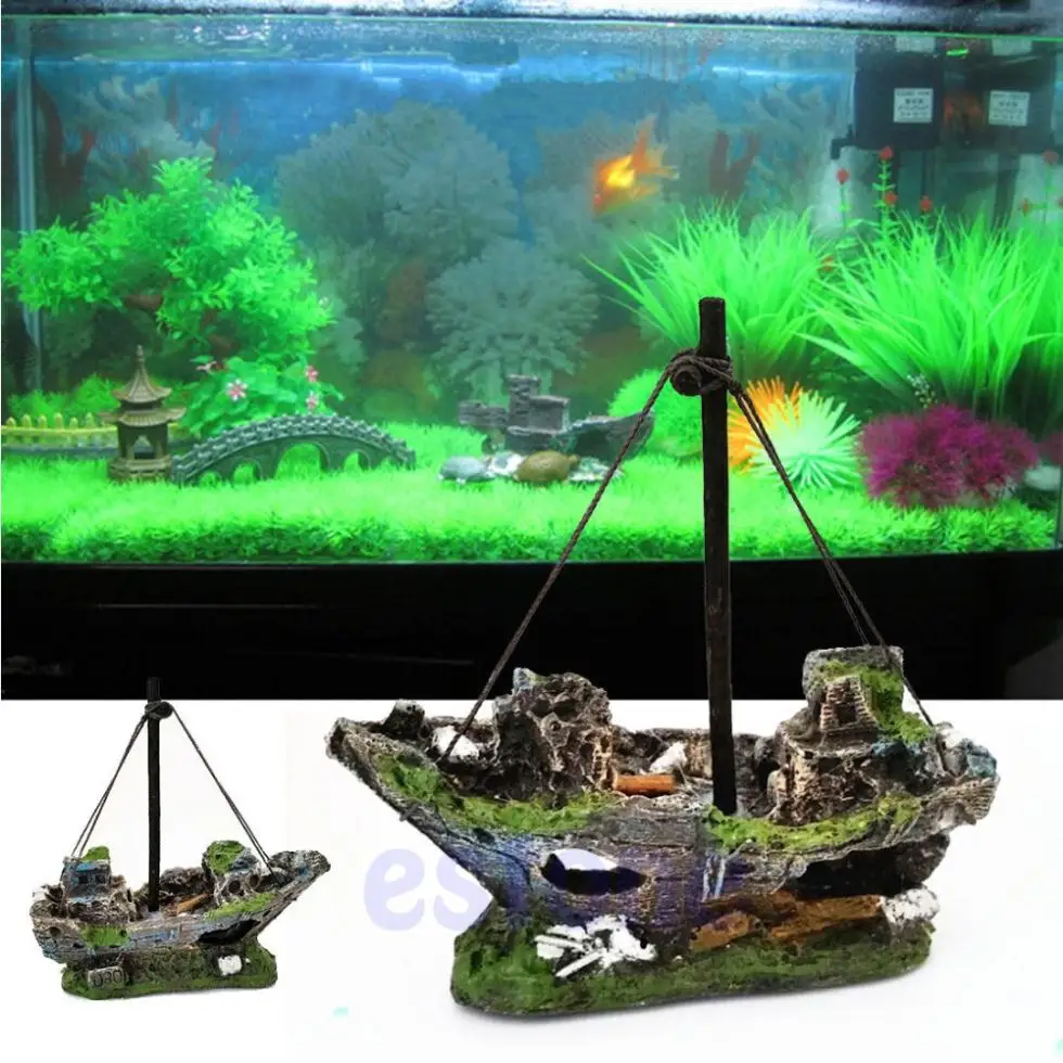 Wreck Sunk Ship Aquarium Ornament Sailing Boat Destroyer Fish Tank Cave Decor Free shipping-Y102