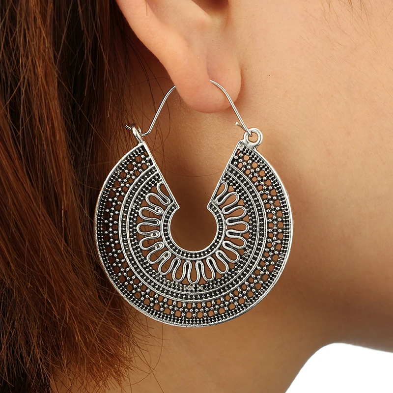 Tocona Ethnic Indian Tribal Carve Mandala Flower Drop Dangle Earring for Women Vintage Boho Silver color Earrings Brincos 5673