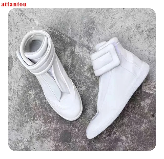 Men\'s Casual Shoes hot sale men white shoes glazed leather flats street fashion hook&loop high top male trainers dress shoes