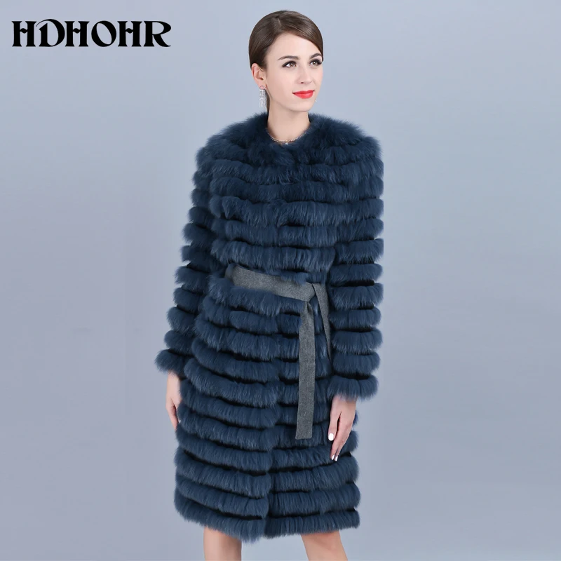 HDHOHR 2024 New Real Fox Fur Coat Women Natural Fox Fur Coat With Belt Fashion High Quality Long Strip Jackets Lady Fox Fur Coat