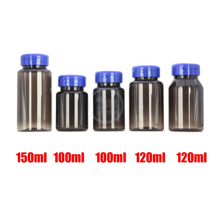 100pcs PET Flip Bottles,Capsules/ Pills/Powder Bottles Translucent Black Color with Blue Flip Lids 80ml/100ml/120ml/150ml