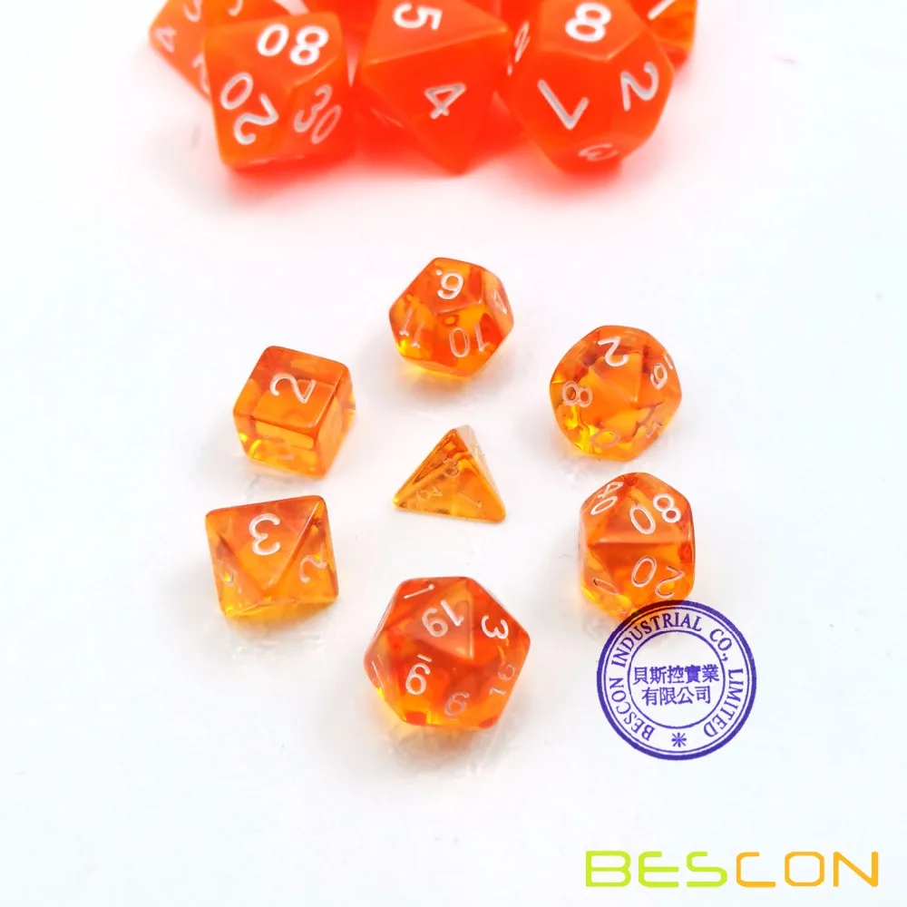 Bescon Mini Translucent Polyhedral RPG Dice Set 10MM, Small RPG Role Playing Game Dice Set D4-D20 in Tube, Transparent Orange