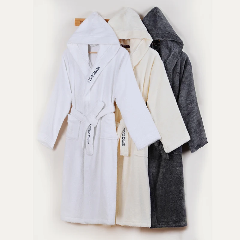 Men\'s Robe Winter Hooded Thick Cotton Long Bathrobe Women Male Plsu size XXL Warm Kinmono Bathrobes Comfort Gray White Bath Robe