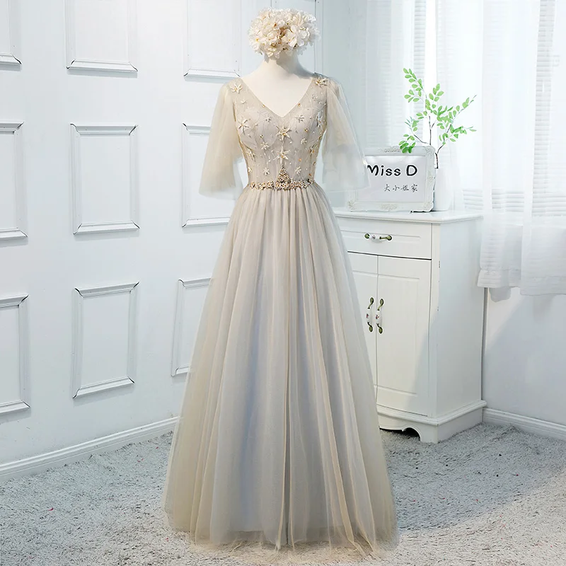 

Elegant Evening Dresses 2019 New Haute Couture Party Dress V-Neck Beaded A-Line Banquet Prom Dress Female vestido de festa