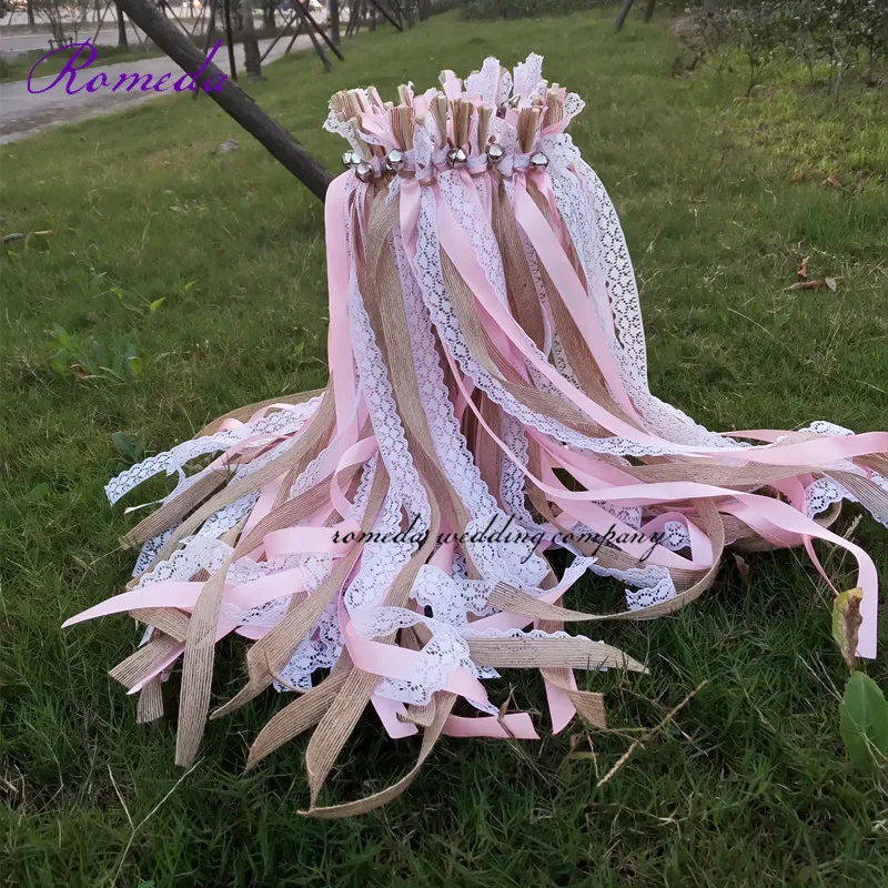 Hot selling 50pcs/lot Pink + jute + lace wedding Ribbon Wands stick Confetti Stream with big sliver Bells for wedding party