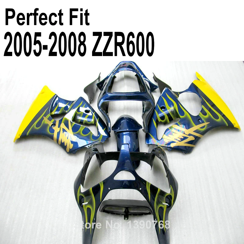 Yellow flames blue ABS fairing kit for Kawasaki ZZR600 zz r600  2005 2006 2007 2008 05 06 07 08 2006 06 fairings TP109