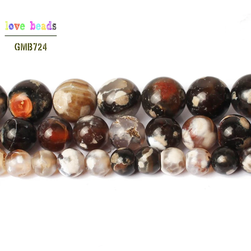 6/8/10mm Black Dragon Vein Fire Agates Round Carnelian Ball Stone Beads for jewelry making DIY Bracelet Strand 15