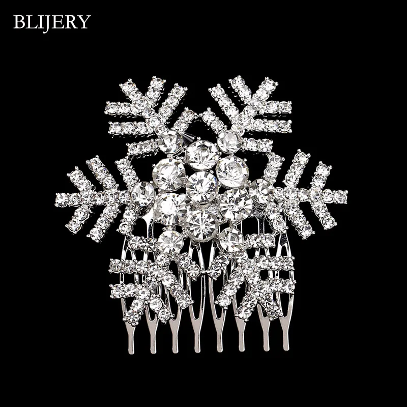 BLIJERY Sparkling Snowflake Wedding Hair Accessories Rhinstone Crystal Hair Combs For Brides Women Headpiece Bridal Hair Jewelry