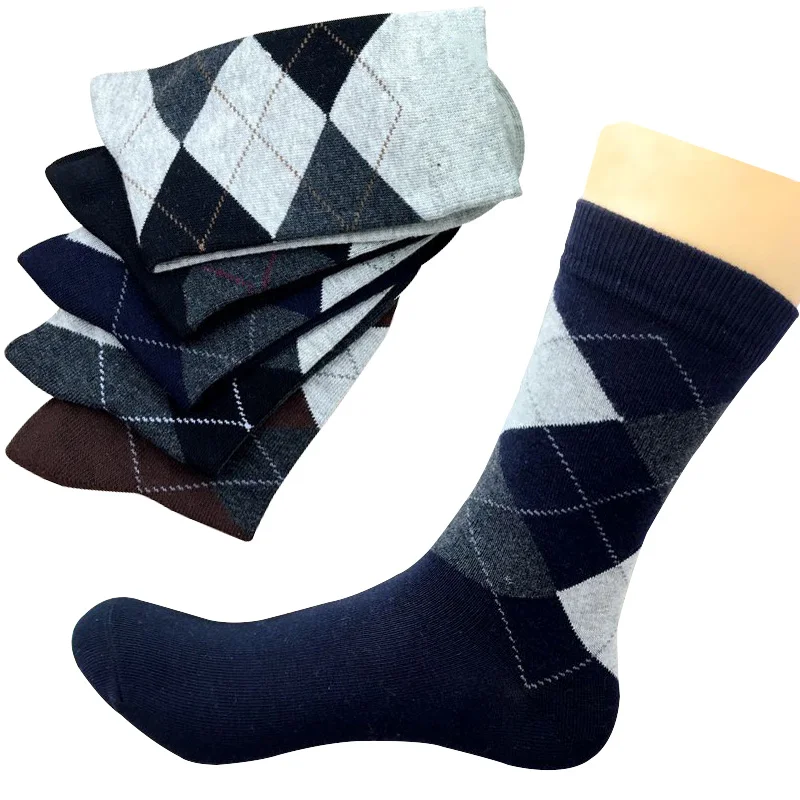 Chaussettes en coton pour hommes, 5 paires, haute qualité, Business, diamant, Plaid, longues, équipe, automne, hiver