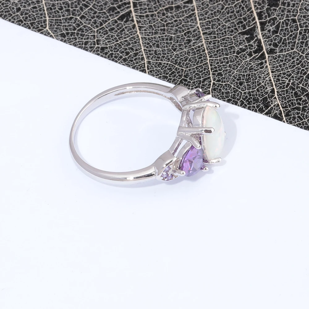 CiNily Created White Fire Opal Rings with Purple Zircon Silver Color Rings for Women Party Trendy Fashion Jewelry Gifts Size5-10