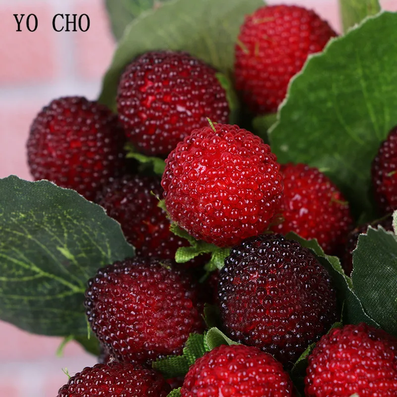 YO CHO High Quality 9 Heads Red Strawberry Branch Artificial Decoration Plastic Fruit Decor for Home Christmas Party Fake Plants