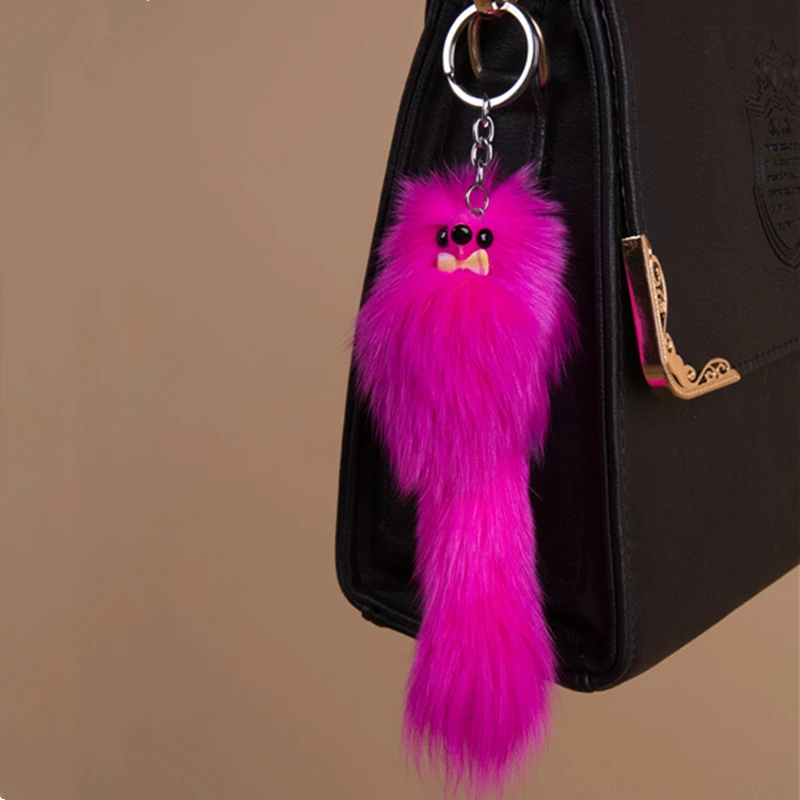 Cute Girls 17cm Fluffy Natural Fox Fur Key Chain Women Plush Fur Pompon Fox Keychain Bag Car Trinket Female Party Jewelry Gifts