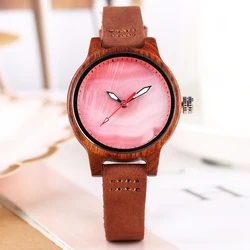 Unique Women Watch Wood Luxury Coral Blue Chic Red Casual Quartz Wooden Clock For Women Genuine Leather Wrist Watch Reloj Mujer