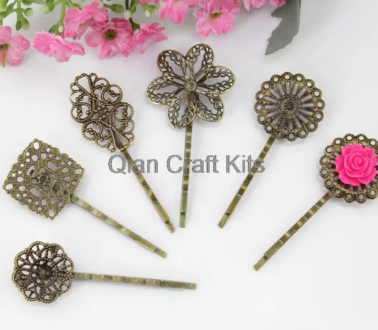 100pcs mixed styles Vintage Filigree Hairpins Hair Pins, Bobbypins Antique Brass Waved Hair Clips Base Settings