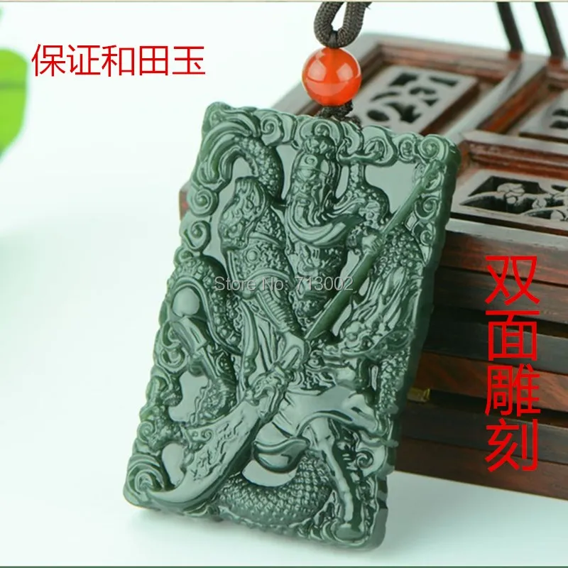 Nature gray jade Amulet both sides Carven Guanyu Dragon Pendant Necklace talisman