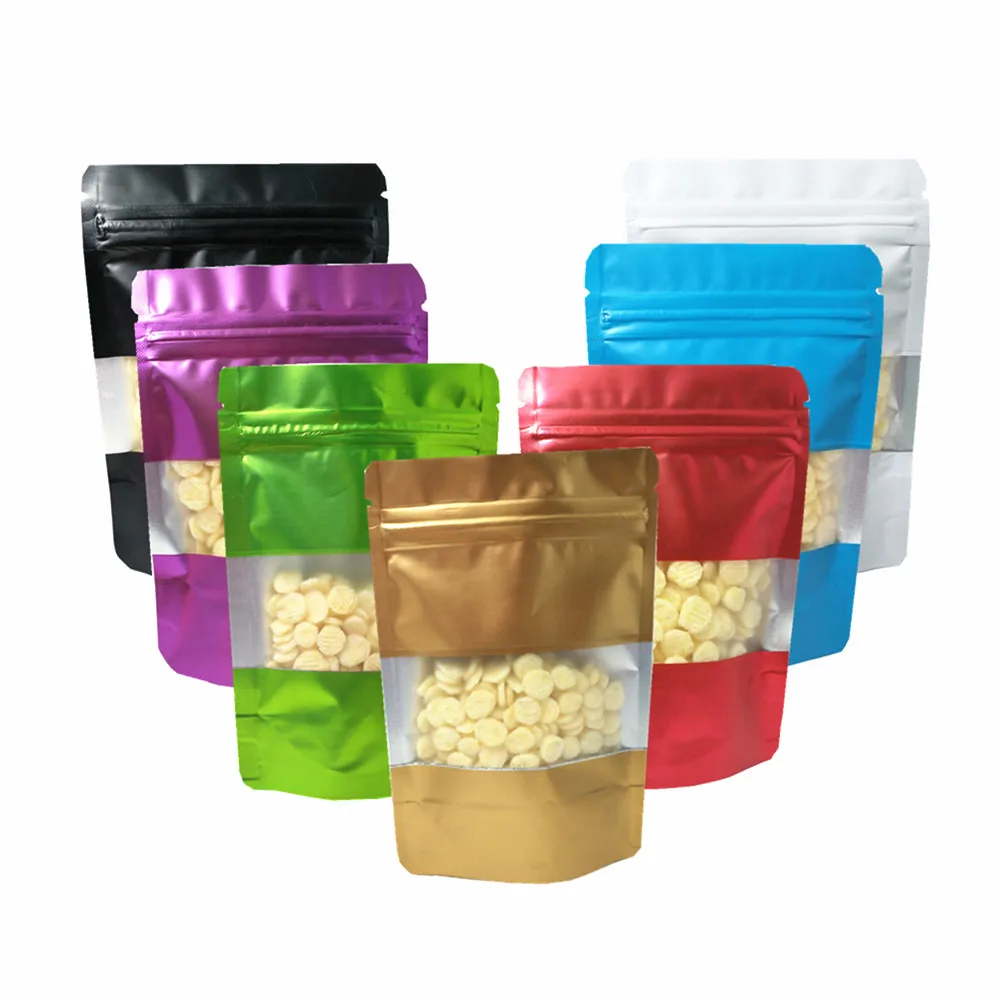 100Pcs 9x13cm Matte Colorful Stand Up Zip Lock Bag Food Package Bags Coffee Tea Storage Bag Frosted Clear Window Pack Zipper Bag