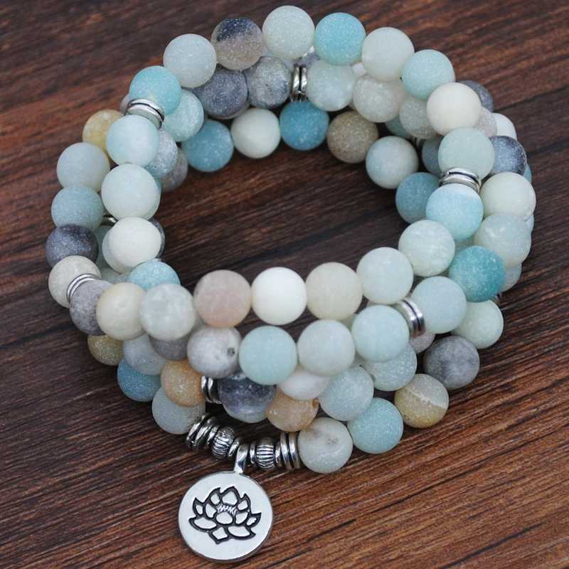 Yumfeel Natural Stone Bracelet 108 Mala Yoga Matte Amazonite Stone OM Lotus Flower Buddha Bracelet & Necklace Stone Jewelry