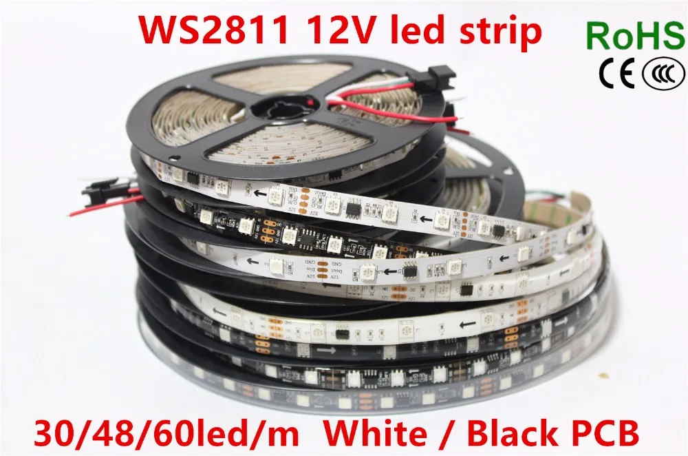 WS2811 led strip 5m 30/48/60 leds/m,10/16/20 pcs ws2811 ic/meter,DC12V White/Black PCB, 2811 led strip Addressable Digital