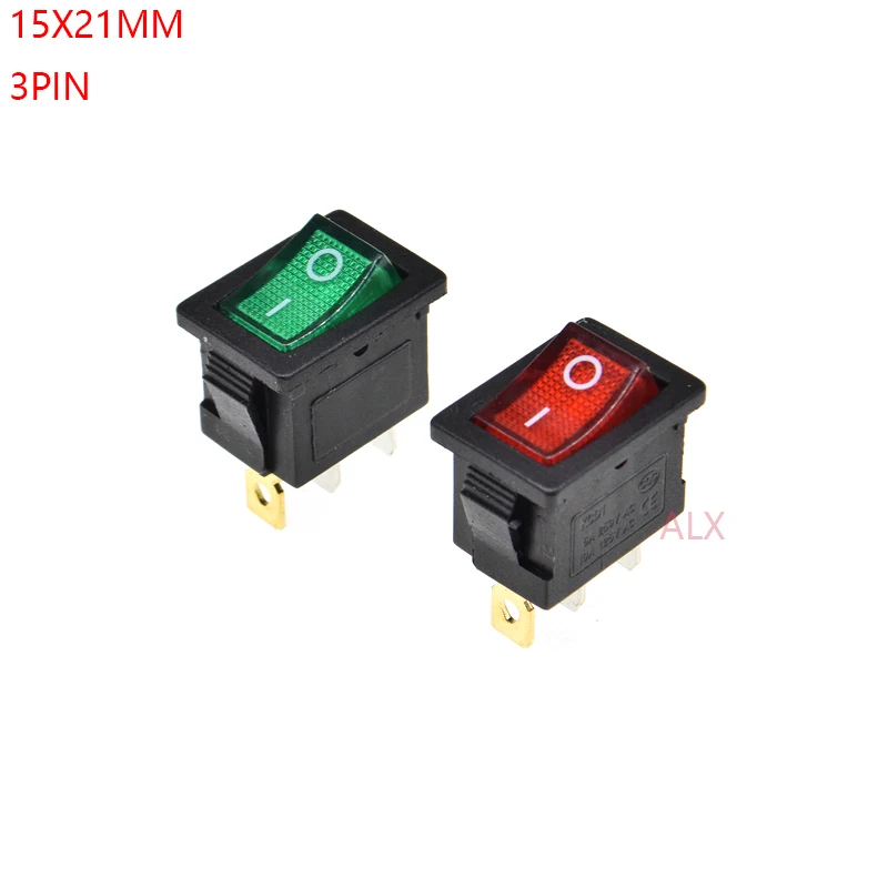 10PCS KCD1 3PIN red green with light Push Button rocker Switch ON/OFF   power switches 6A/250V 10A/125V 15*21MM 15*21 3 pin