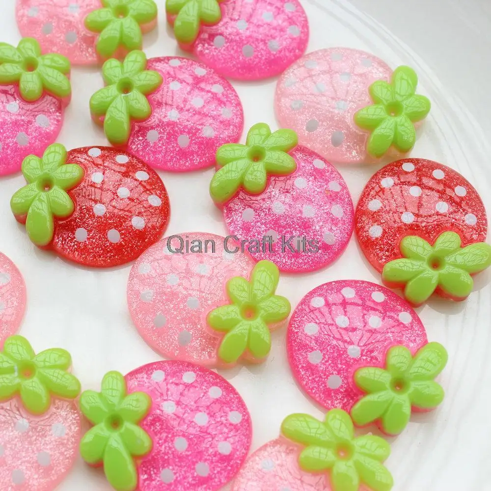 

120pcs big mix color kawaii zakka polka dots painted Resin kawaii glitter transparent strawberry flatback cabochons 32mm D25