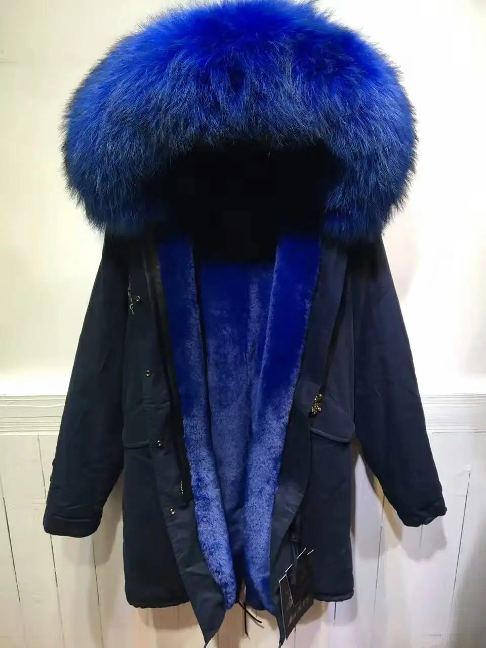 Navy Long Parka Blue Faux Fur Lining Beads Overcoat Real Raccoon Fur Winter Nice Coat