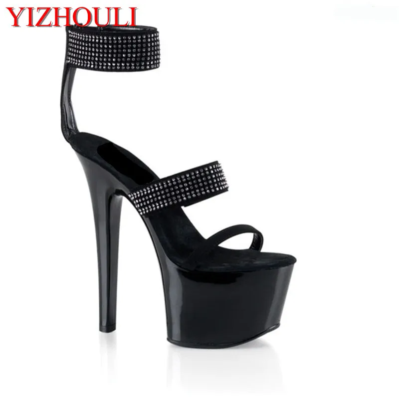 15 cm heel height, sequinned upper, women's sexy black sandals, dancing shoes