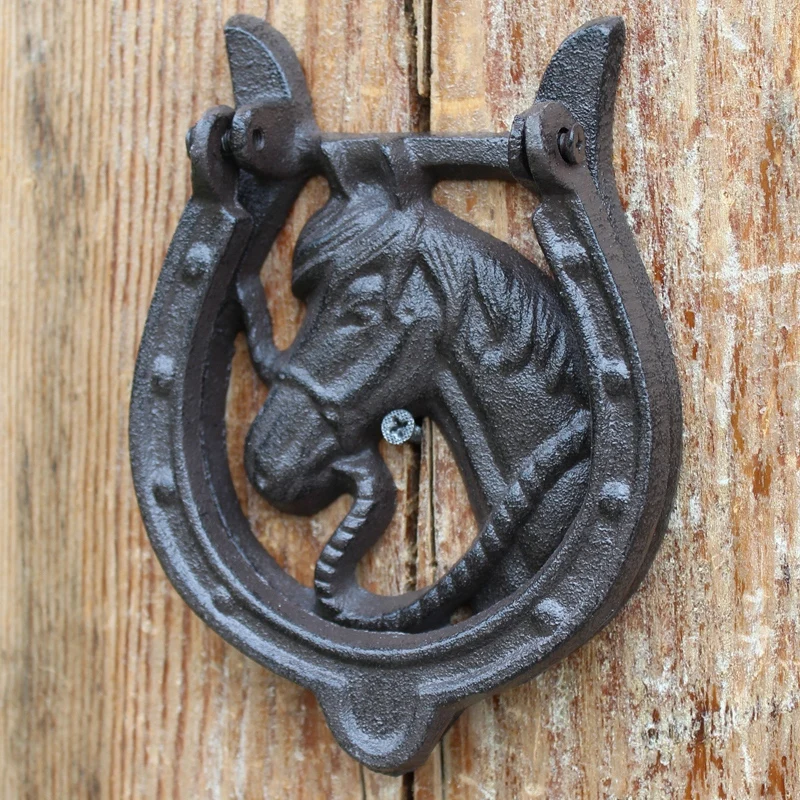 Black Horseshoe Cast Iron Front Door Knocker Farm House Home Garden Decor Vintage Handmade Foot Circled Animal Head Metal Handle