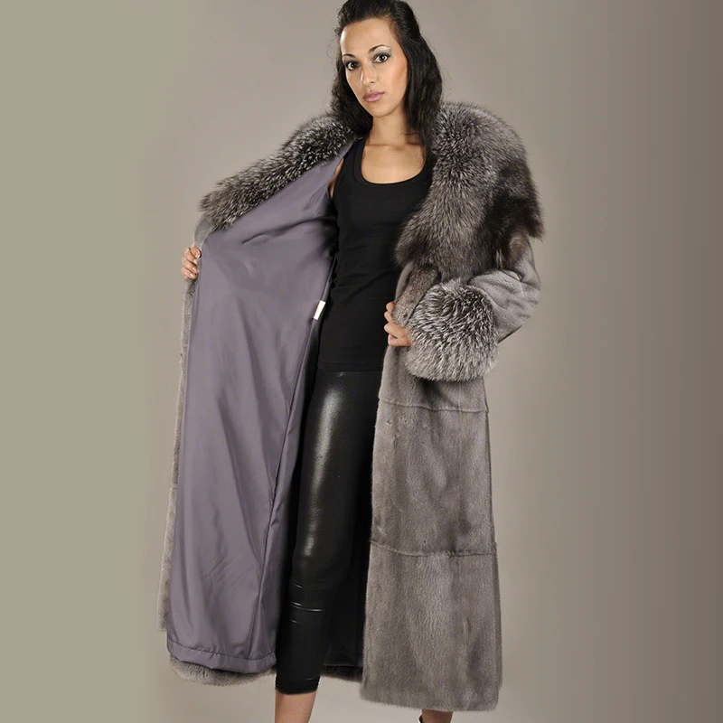 BFFUR Women Natural Mink Fur Coat Fox Fur Collar With Belt  Long Outfit Female Luxurious Real Mink Fur Coats Jacket