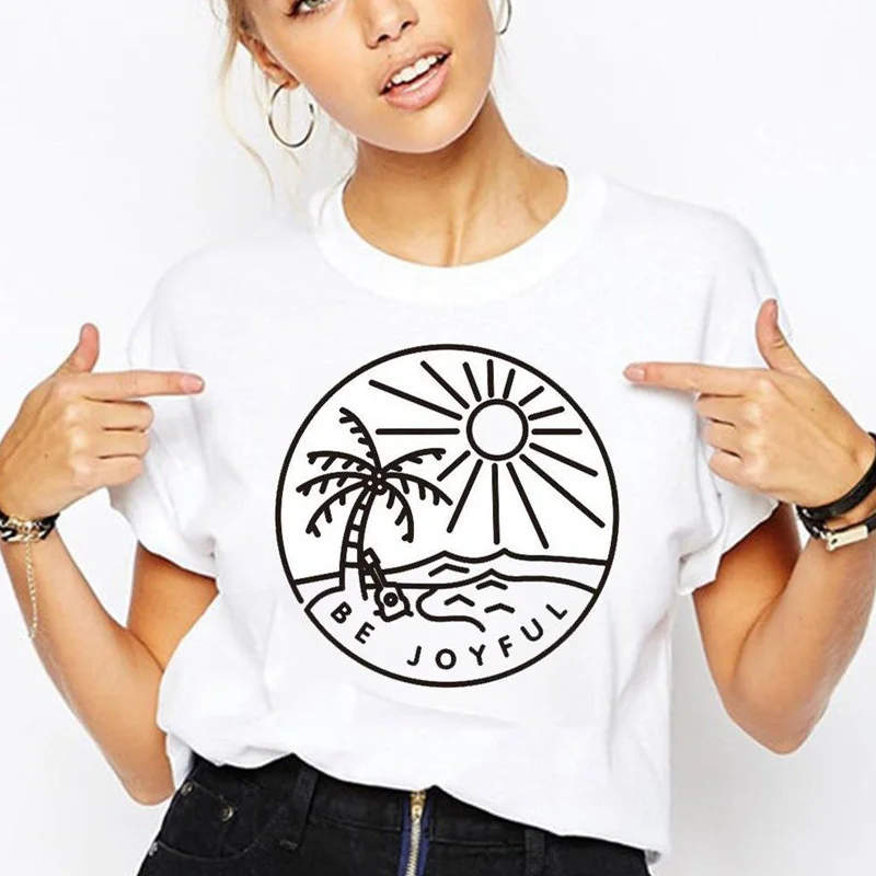 Be Joyful Landscape Graphic T-shirt Vintage Women Seaside Letter Print Funny Tshirt Summer Vacation Slogan Cotton Tee Shirt Top