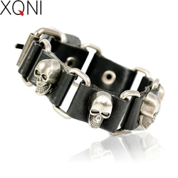 XQNI New Fashion Bangles Brand Skull Chain Leather Men's Bracelets European style Knighthood Link Charm Bracelets Jewelry.