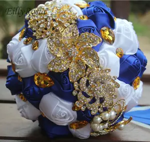 Золотая брошь с кристаллами искусственный букет невесты розы Стразы королевский синий белый свадебный букет de mariage exotique