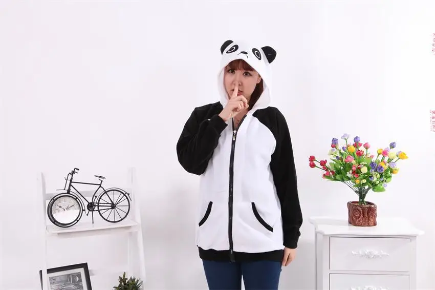 Warm winter Costumes Halloween Warm Cartoon Women\'s Panda Ear Tail Zip up Hoodie Sweatshirt Jacket Outerwear