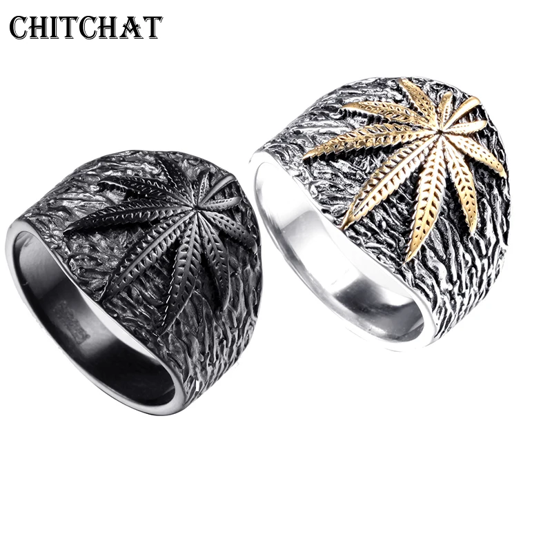 

Maple Leaf Mens Stainless Steel Ring Hip hop Punk Style Gold Color Signet Ring For Rocker Mujer