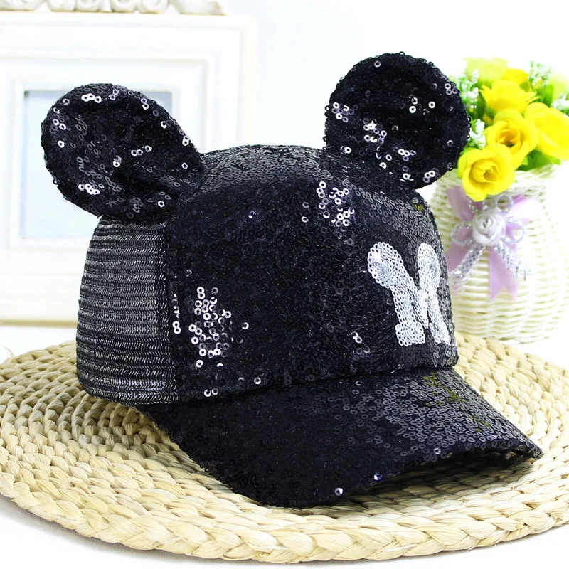 New Sequins Ear Hats Kids Snapback Girls Mesh Baseball Cap With Ears Funny Hats Spring Summer Hip Hop Boy Hats Caps