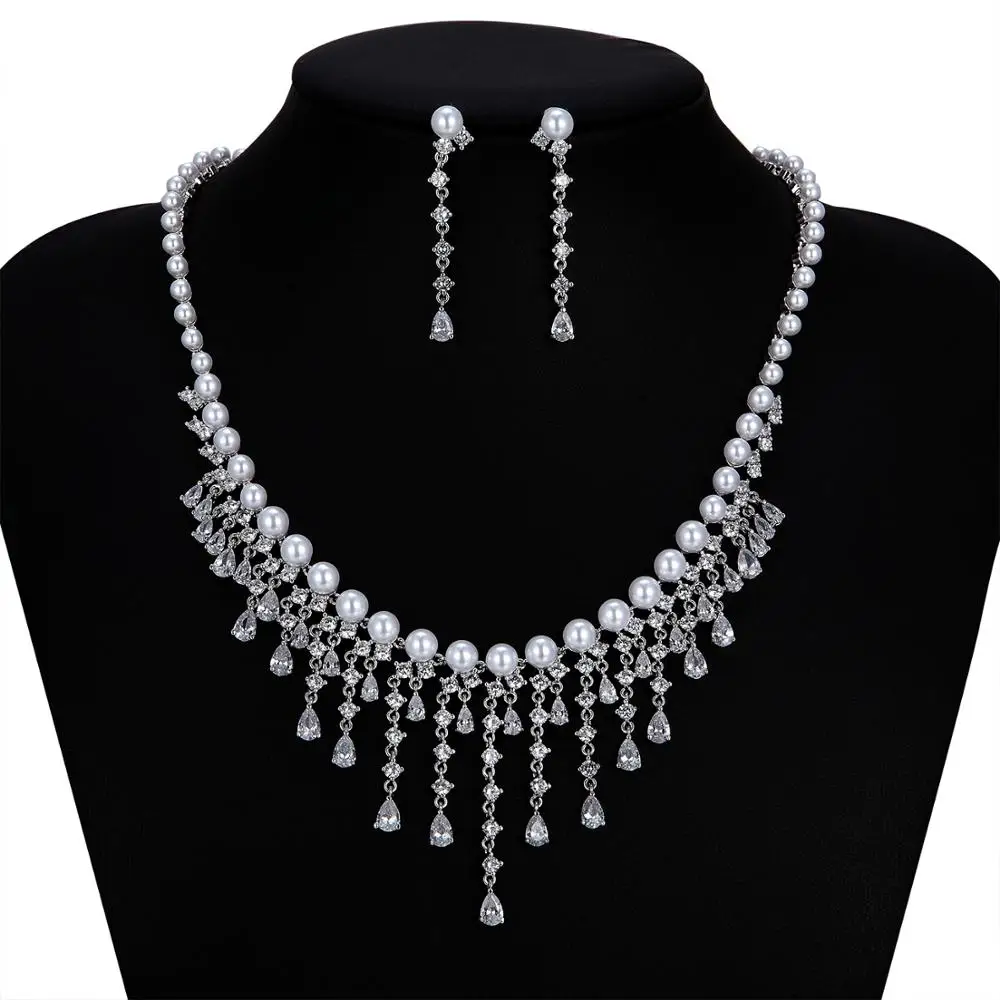 

CZ Cubic Zirconia Pearls Bridal Wedding Necklace Earring Set Jewelry Sets for Women Prom Jewelry Accessories CN10249