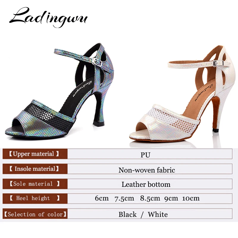 Ladingwu-zapatos de baile latino para mujer, sandalias de Salsa con tacón cubano de 9cm, decoloración de PU gris metálico y malla