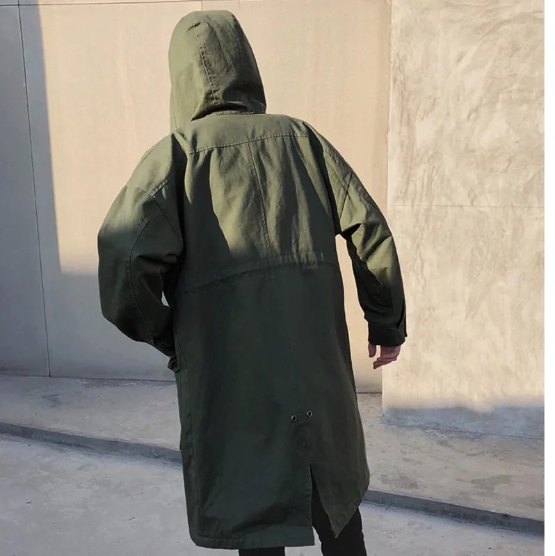 Hooded Trench Coat men Big Pocket punk style Men Trench Coat Spring Casual Loose Coat Men 2019 Single Breasted Army Green X9103