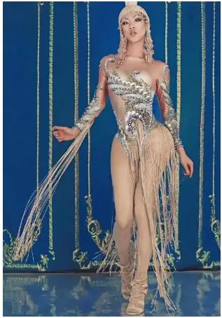 

Sexy Fashion Women Gold Fringes Costume Leotard female singer DJ Nightclub show Tassel Bodysuit Stage Performance Outfit