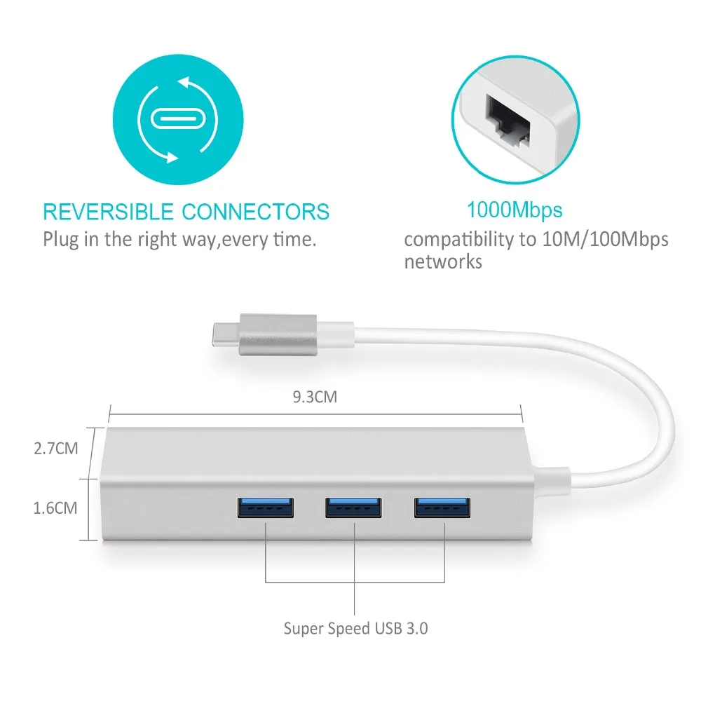 KuWfi USB3.0 3 Ports USB Type C To HUB 10/100/1000 Network Card USB C HUB Gigabit Ethernet Rj45 Lan Adapter For MacBook