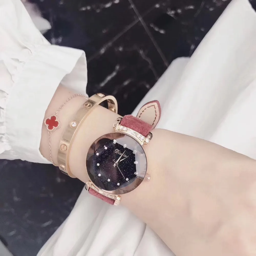 Personalized Faceted Plum Flower Crystal Watches for Women Luxury Fashion Dress Watch Waterproof Genuine Fur Leather Wrist watch