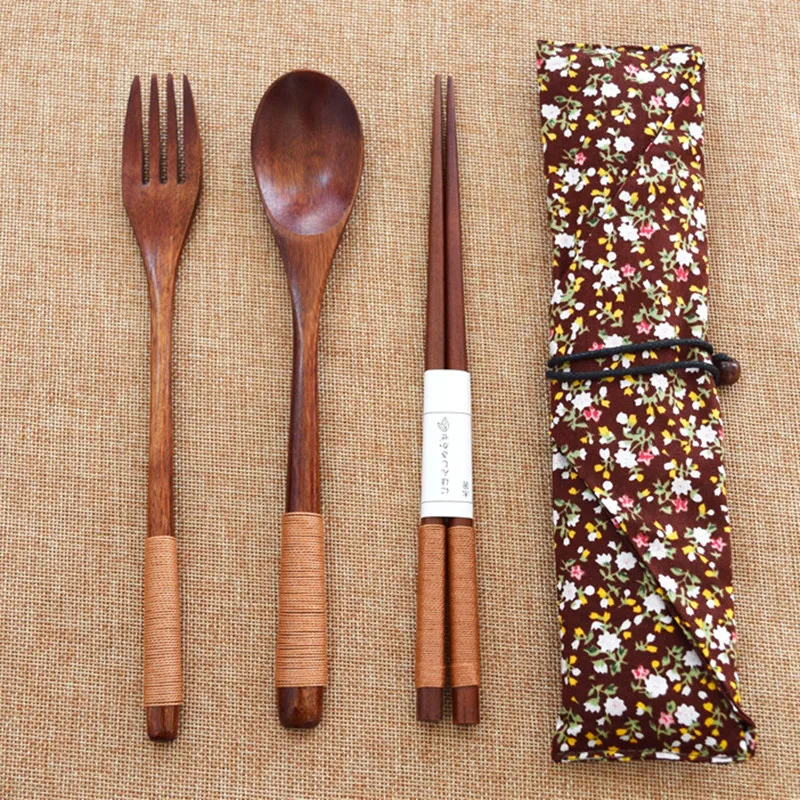 Wood Portable Tableware Wooden Cutlery Sets Travel Dinnerware Suit Environmental with Cloth Pack Gift